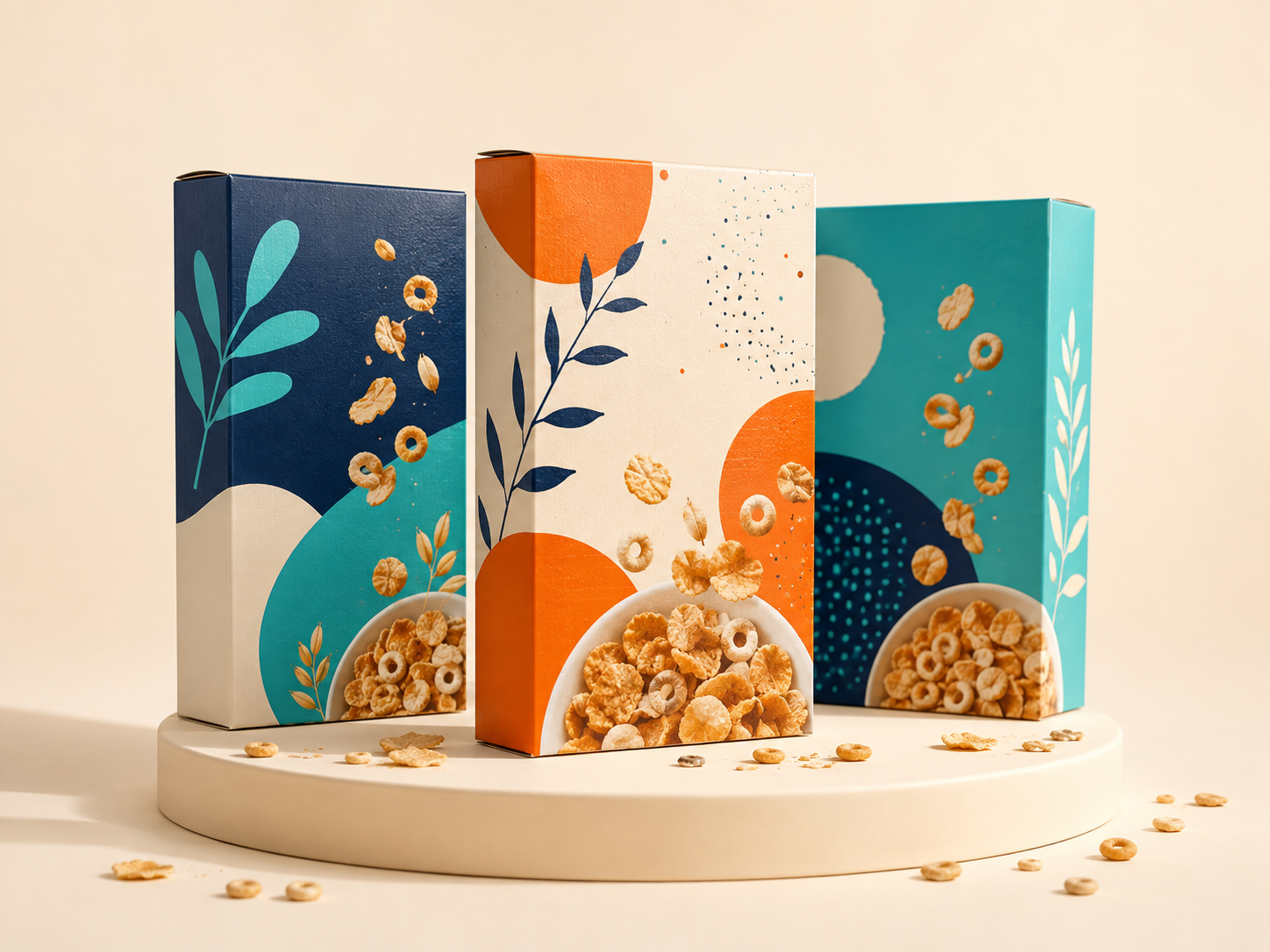 Three colorful custom cereal box concepts